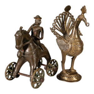 Antique Indian Horse Rider on Wheels & Peacock Bronze Sculpture 20th Century