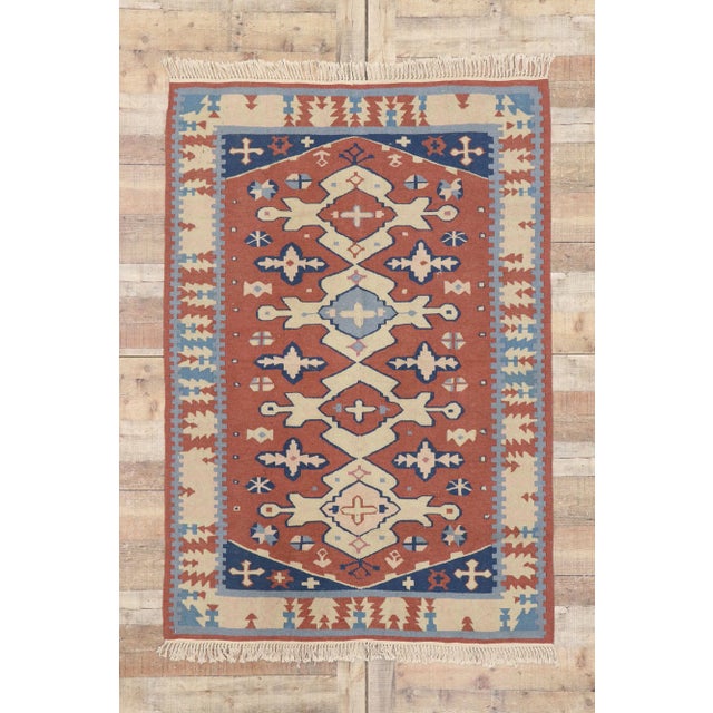 Brick Red Vintage Persian Shiraz Kilim Rug - 04'03 X 06'01 For Sale - Image 8 of 9