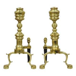 The Harvin Co Vintage Brass Federal Style Branch Foot Fireplace Andirons - Pair For Sale