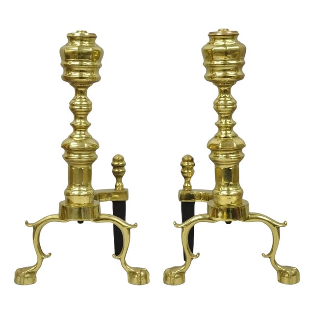 The Harvin Co Vintage Brass Federal Style Branch Foot Fireplace Andirons - Pair For Sale