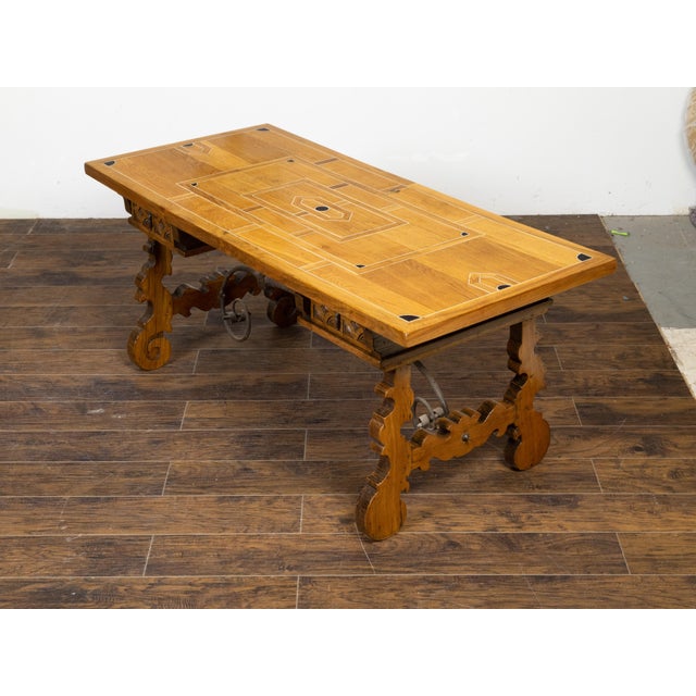 Italian Baroque Style 1880s Walnut Desk with Inlaid Top and Carved Lyre Base For Sale - Image 9 of 12