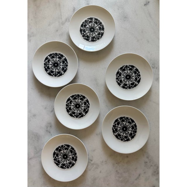 Set of 6 mid century porcelain plates in the. black and white "Hilton" pattern made in Germany by Rosenthal. This pattern...