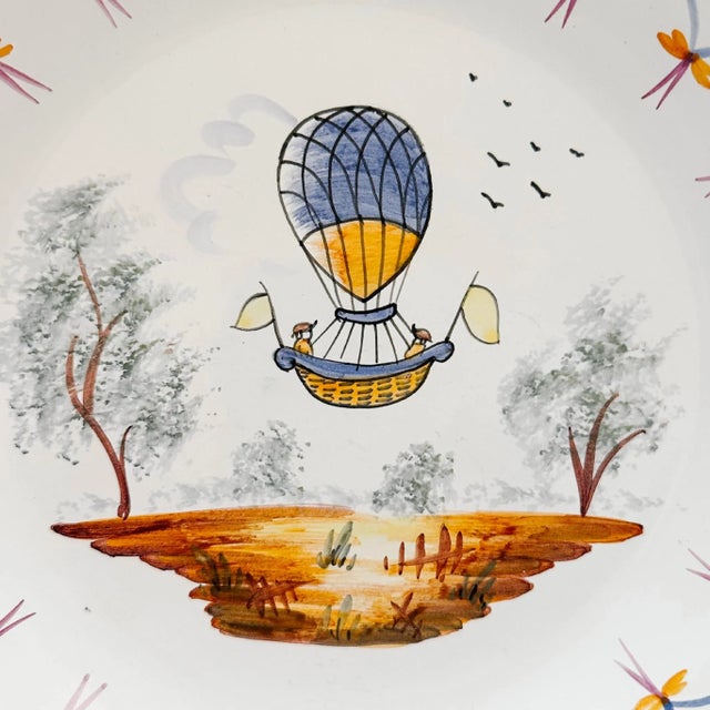 Late 20th Century Vintage French Faience "Voyage Dans Les Airs" Hot Air Balloon Plates - Set of 3 For Sale - Image 5 of 8