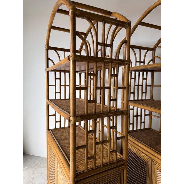 1970's Vintage Palm Beach Regency Arched Rattan Étagères With Cabinets – A Pair For Sale - Image 14 of 16