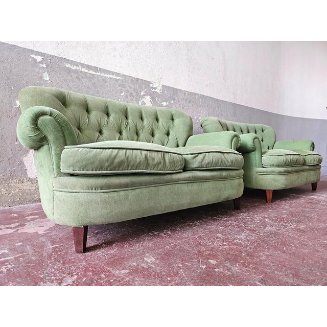 Vintage Chesterfield Style Sofas in Green Fabric, Set of 2 For Sale - Image 6 of 15