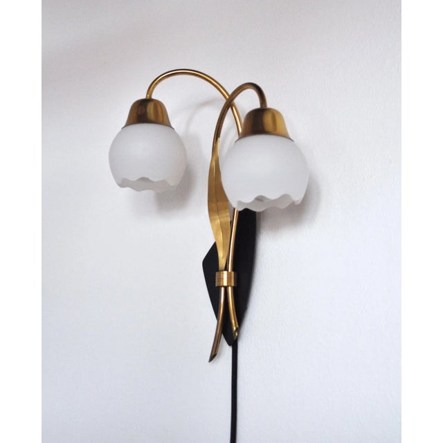 The wall light has a stylized organic design with two arms and a leave in brass on a black metal plate. Shades in opaline...
