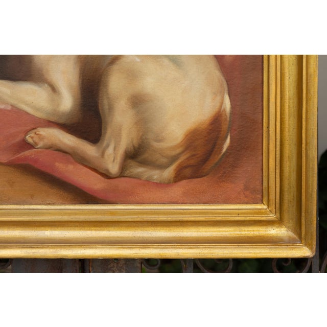 American 1890s Framed Oil on Board Painting Depicting a Dog Lying on a Red Drape For Sale - Image 11 of 12
