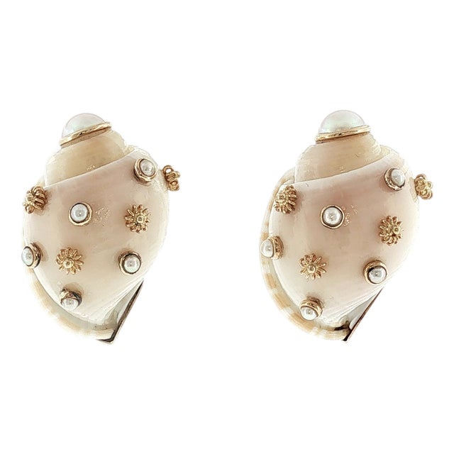 A Late 20th-Century 14 Karat Mazza Shell and Pearl Earrings, Pair For Sale