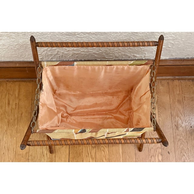 Vintage Midcentury Sewing Knitting Yarn Caddy Basket With Wooden Folding Frame For Sale - Image 6 of 9