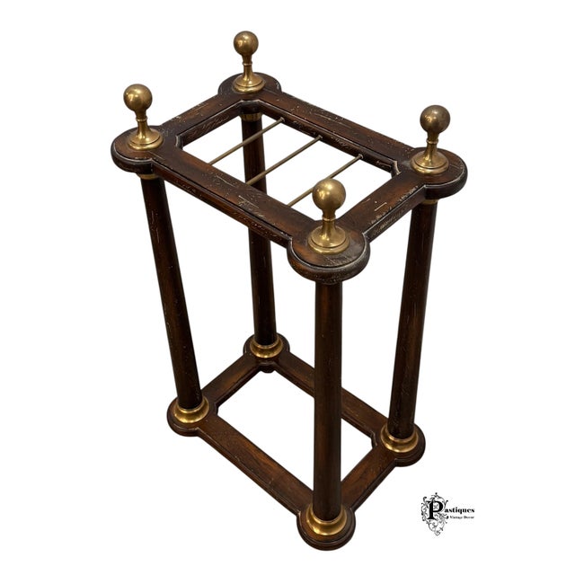 Late 20th Century Vintage Edwardian Style Distressed Wood & Brass Umbrella Stand For Sale - Image 5 of 9