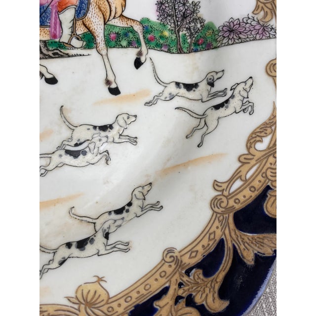 Ceramic Vintage Decorative Cobalt Blue and Gold Gilt Fox Hunting Plates Set of 3 For Sale - Image 7 of 12