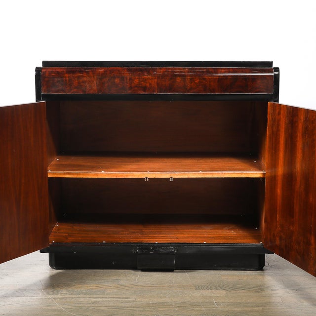 Wood Art Deco Machine Age Waterfall Front Book-Matched Walnut & Black Lacquer Cabinet For Sale - Image 7 of 18