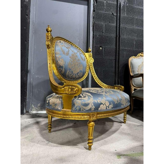 French Louis XV Blue Accent Chair With Gold Leaf For Sale - Image 12 of 12