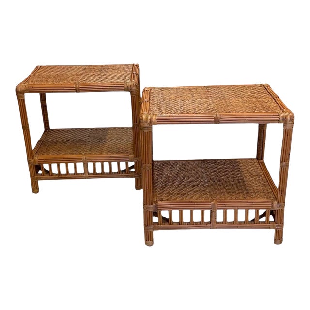 Pair of Tiki Side Tables. Pencil Reed and Cane For Sale
