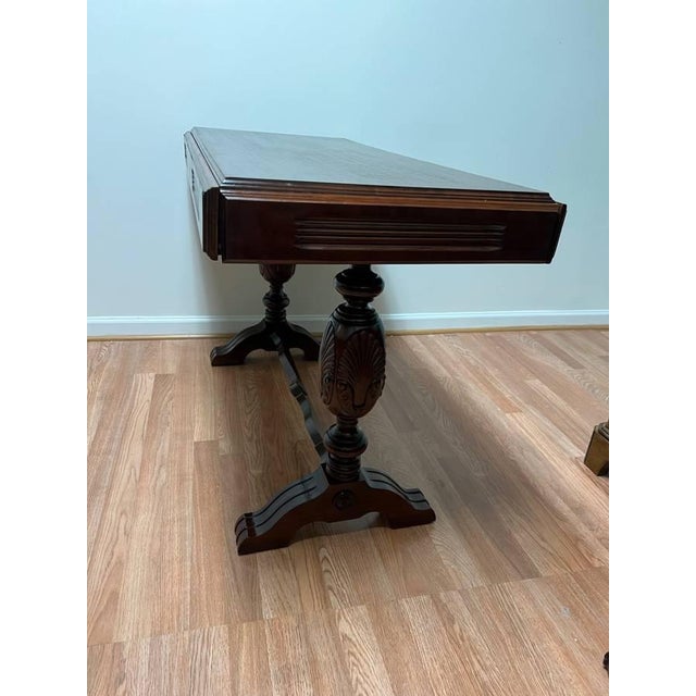 Early 20th century Jacobean Baroque Style Mahogany Expanding Trestle Base Library Table to Dining Table. Solid wood frame,...