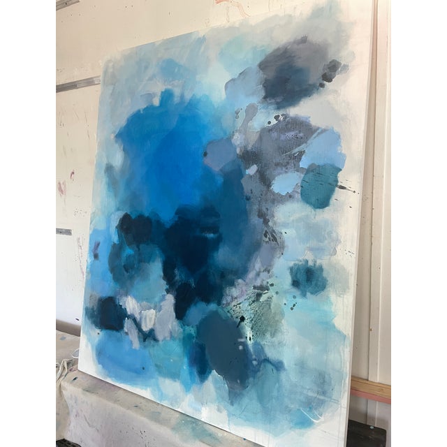 Large Atmospheric Blue Lyrical Abstraction Painting by Stacey Warnix With Deep Indigo Accents For Sale - Image 11 of 11