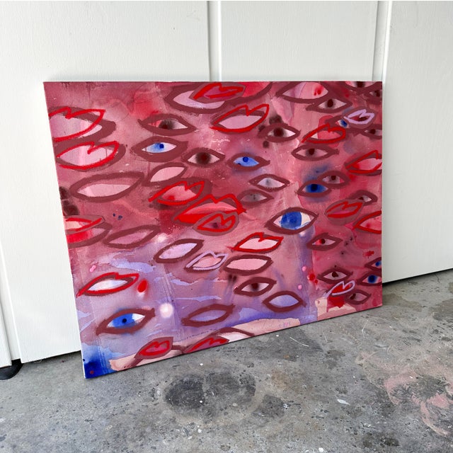 This unique and colorful work has a hint of surrealism and whimsy. A collection of eyes and lips in a colorful punchy...