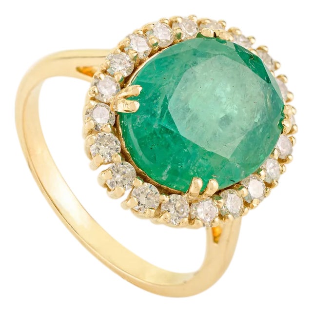 14k Gold Oval Cut Big Emerald Halo Diamond Ring Size 6 For Sale