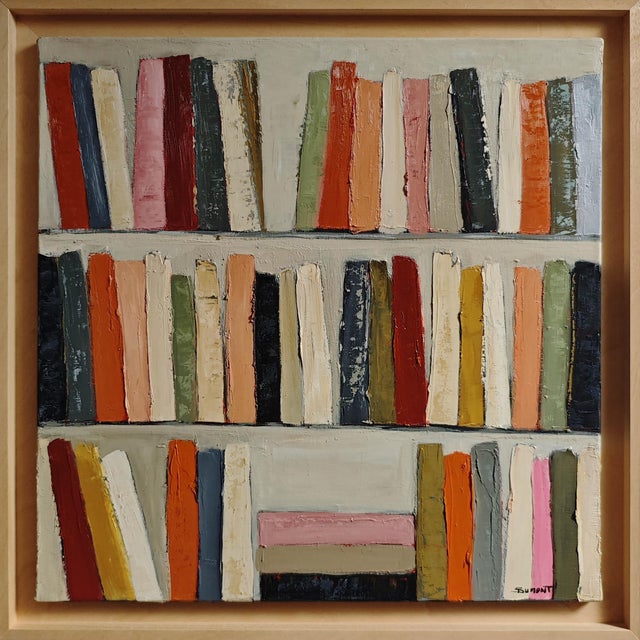 À Demi-Mot, Contemporary Textured Bookshelf Oil Painting, Framed by Sophie Dumont For Sale - Image 9 of 9