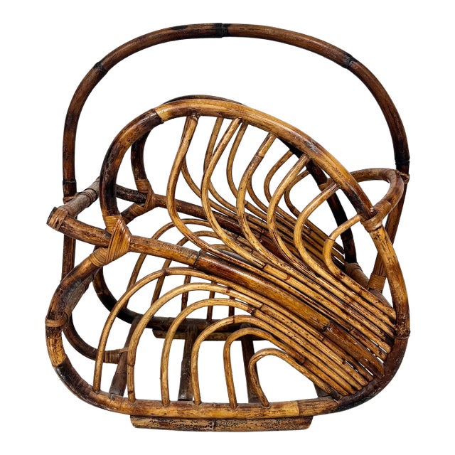 Vintage Leaf Shaped Rattan Magazine Holder Basket For Sale