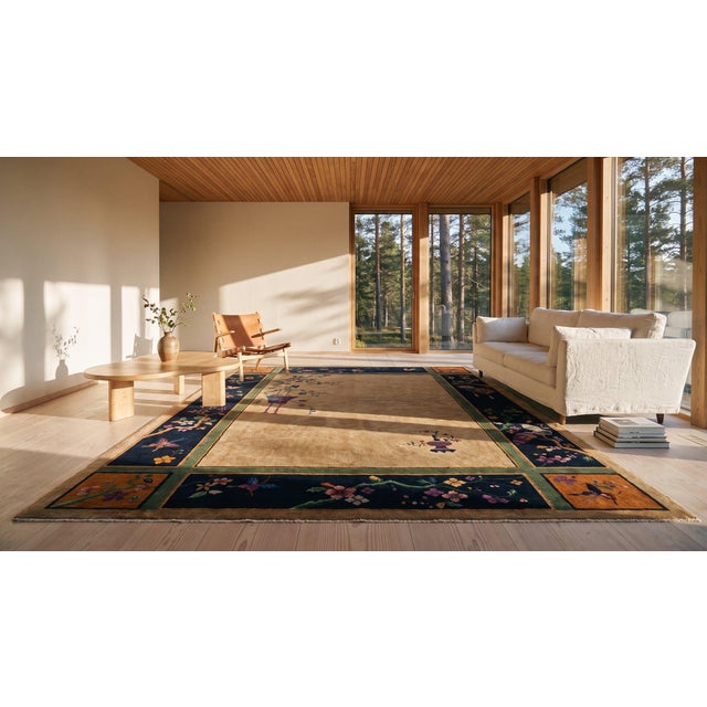 1920s Beige Open Field Vase Antique Chinese Art Deco Carpet 9' X 11'6" Knotted Wool Rug For Sale - Image 16 of 16