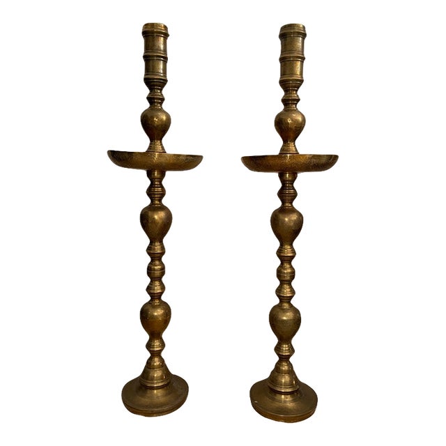 Large 39" Vintage Moroccan Brass Floor Candlesticks - A Pair For Sale