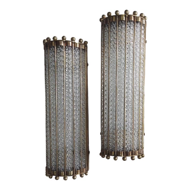 Pair Vintage Art Deco Wall Sconces in Brass & Ribbed Glass Rod Ship Light For Sale