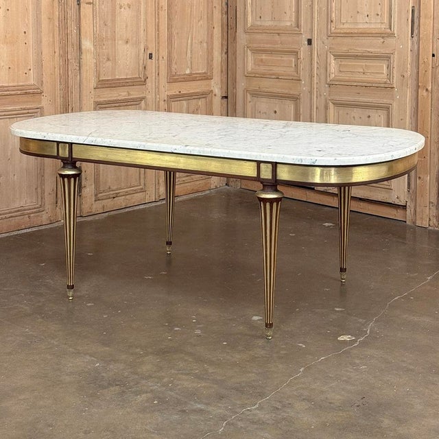 French Grand Antique French Louis XVI Mahogany Dining Table With Carrara Marble Top For Sale - Image 3 of 18