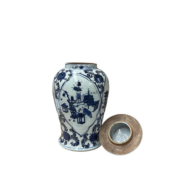 Ceramic 20" Chinese Blue White Flower Vases Scroll Pattern Porcelain Temple General Jar For Sale - Image 7 of 9