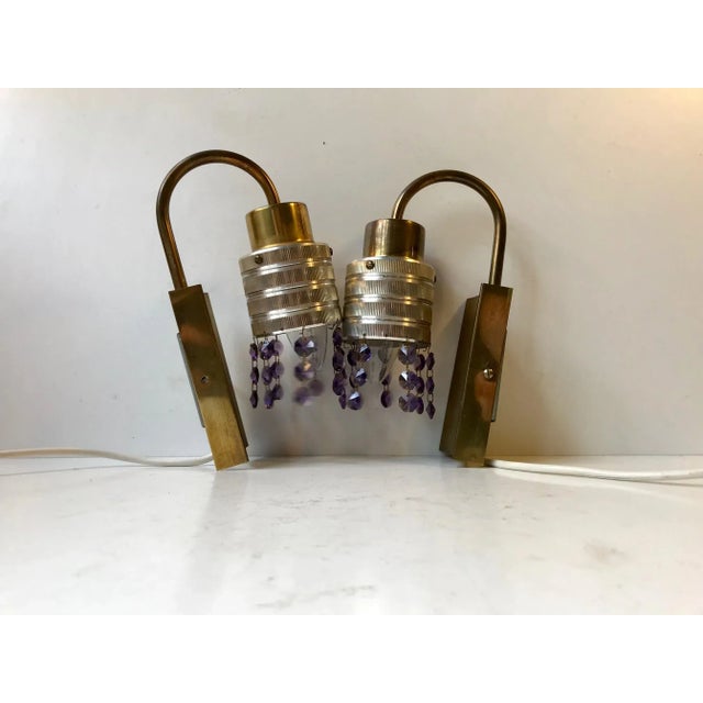 Scandinavian Brass & Crystal Modern Prism Wall Lights, 1960s, Set of 2 For Sale - Image 4 of 8
