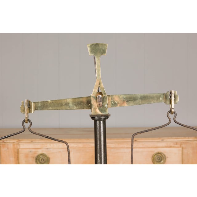 Large French 19th Century Brass and Steel Scale with Weighing Pans and Column For Sale - Image 11 of 12