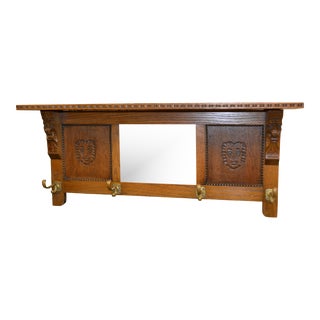 1960s Vintage English Oak Wall Mirror With Carved Lions Shelf Above & Brass Hooks For Sale