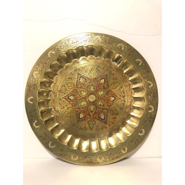 Mid 20th Century Engraved and Painted Brass Middle Eastern Serving Tray For Sale - Image 5 of 5