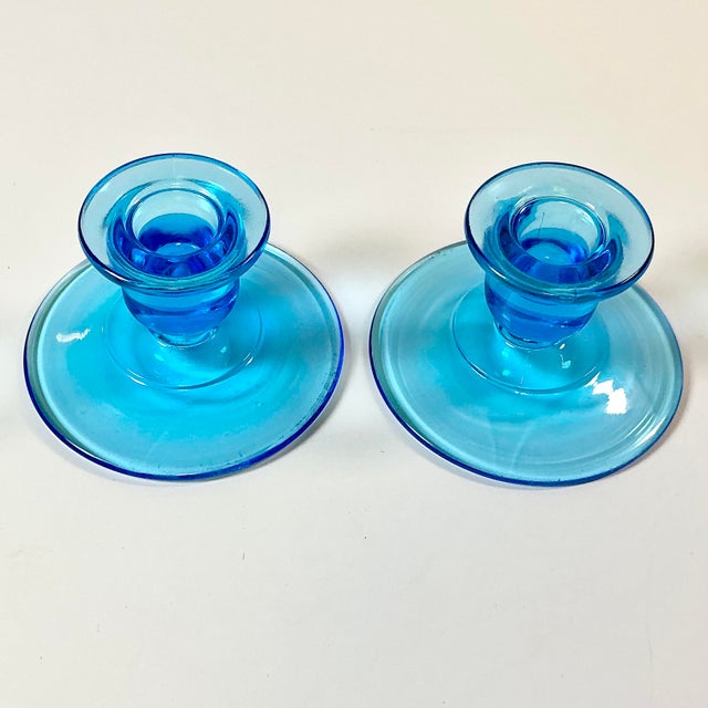 1940s Art Deco Boho Chic Hollywood Regency Depression Era Pressed Glass Candle Holders - A Pair For Sale - Image 10 of 13