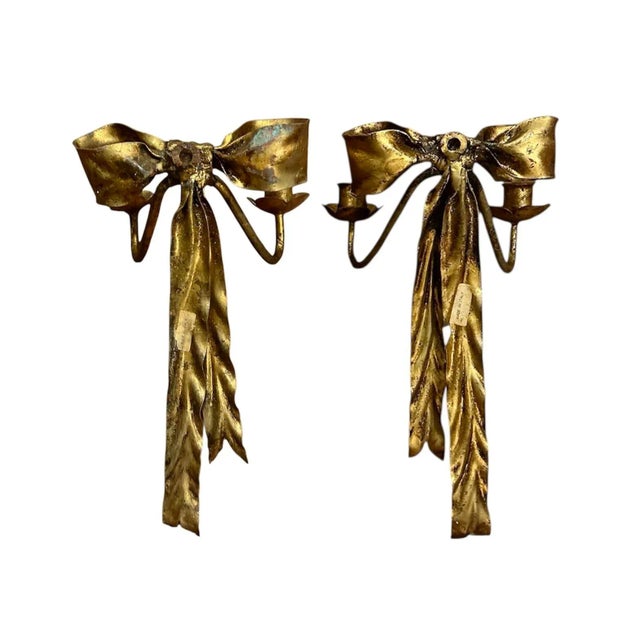 Mid 20th Century Vintage Italian Gilt Tole Gold Bow Wall Sconces / Candle Holders, a Pair For Sale - Image 5 of 6