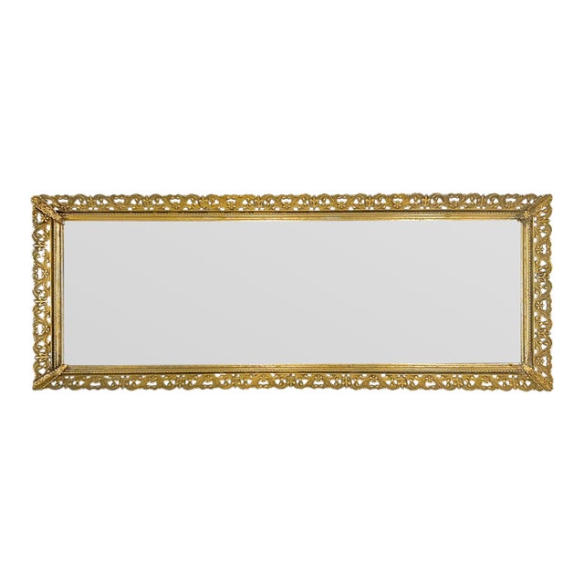 Vintage Hollywood Regency Gold-Tone Filigree Mirrored Vanity Tray - Ornate Filigree Edge – Glam / Rococo Revival / Mid-Century For Sale