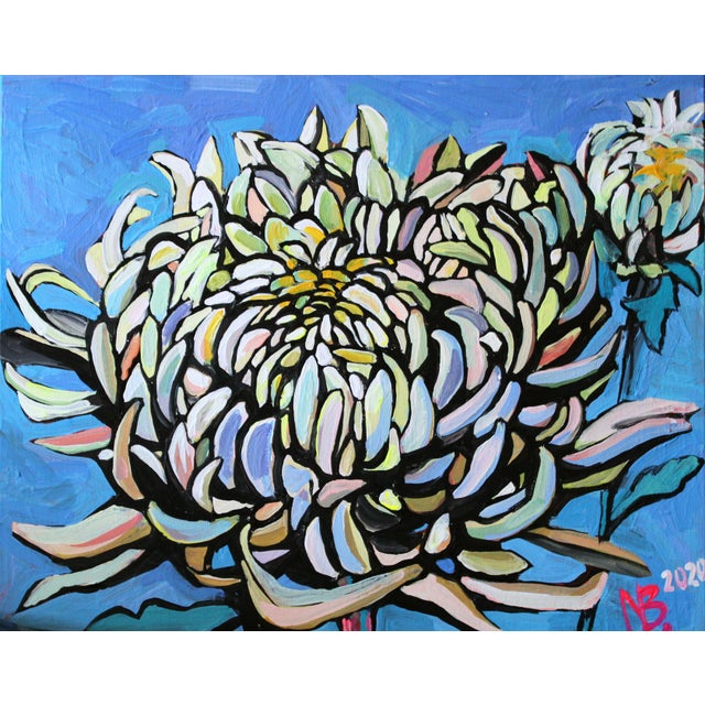 "White Chryzanthemum" Acrylic on Canvas Contemorary Painting by Natalia Bessonova For Sale