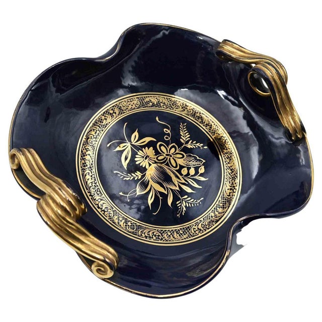 Vintage Art Deco Gilded Tray in Cobalt Blue Ceramic, Italy, 1930s For Sale - Image 6 of 6