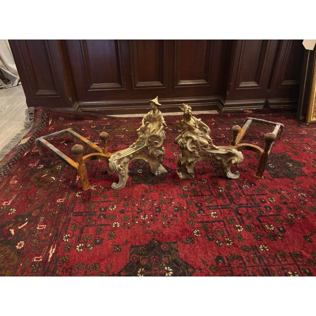 Metal Pair of Early Louis XV Chinoiserie Gilt Bronze Ormolu Chenets / Andirons, Circa 1745 [Sp] For Sale - Image 7 of 11