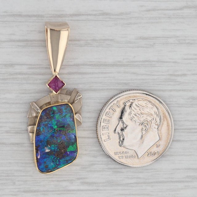 1990s Colorful Boulder Opal Ruby Pendant 14k Yellow White Gold For Sale - Image 5 of 5