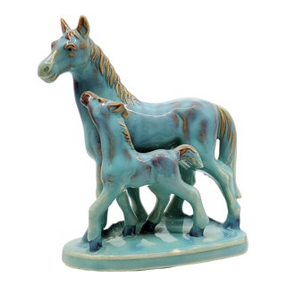 1950s Gambone Style Equestrian Mid-Century Modern Ceramic Turquoise Horse Pony Table Sculpture, Signed Japan on Bottom