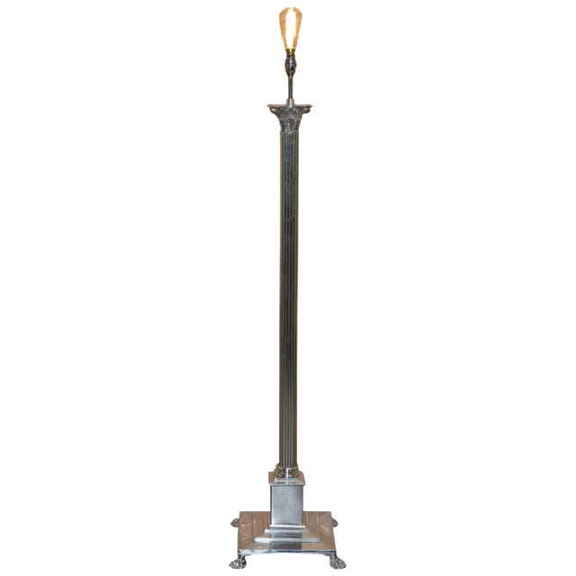 Vintage Silver-Plated Corinthian Pillar Floor Lamp with Paw Feet For Sale