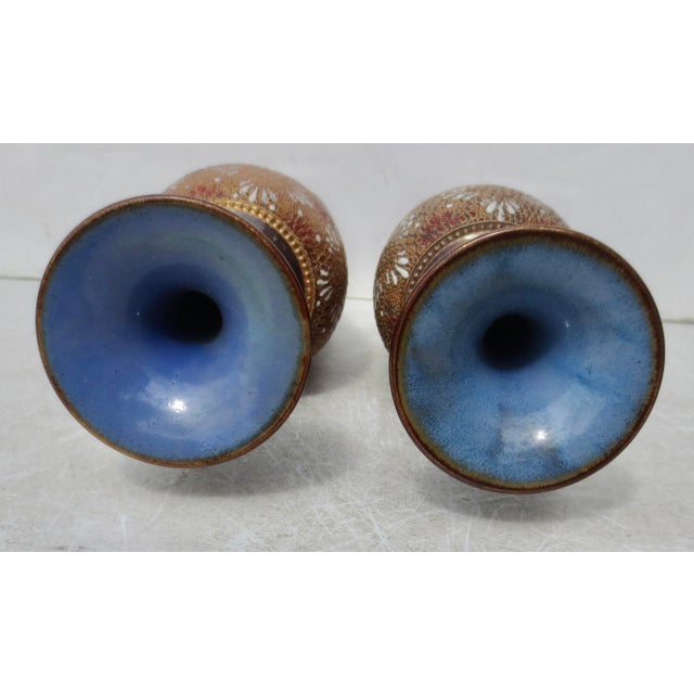 Pair of quality antique Victorian Doulton vases having wonderful brown & caramel colours to the neck of the vases,...