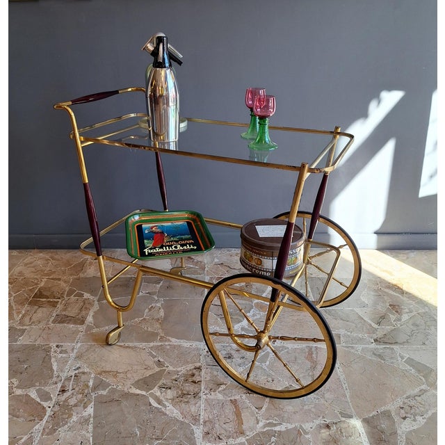 1950s Italian Glass and Wood Bar Trolley in Brass, 1950s For Sale - Image 5 of 6