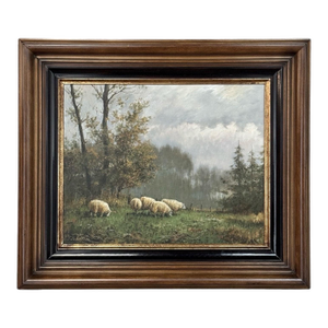 Framed Oil Painting on Canvas by F. Schloten 'Sheep in the Meadow'