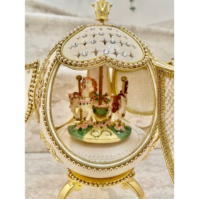 Ornamental & Decorative Materials 2005 Vintage Fabergé Egg Style XXXXL Pierre Lorren Natural Egg Hand Carved Faberge Style Music Austrian Crystal Pure Gold Deco Handmade 5.1" X 5.9" For Sale - Image 7 of 15