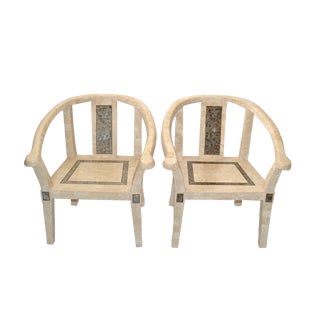 Maitland Smith Style Tessellated Stone Over Wood Pair Armchairs Asian Modern 70s For Sale