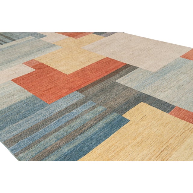 Textile Modern Deco Style Handmade Multicolor Geometric Abstract Wool Rug For Sale - Image 7 of 9
