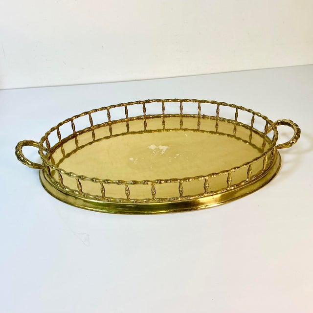 Mid-Century Hollywood Regency Boho Chic Coastal Faux Bamboo Brass Tray, Mottahedeh Attributed For Sale - Image 6 of 16