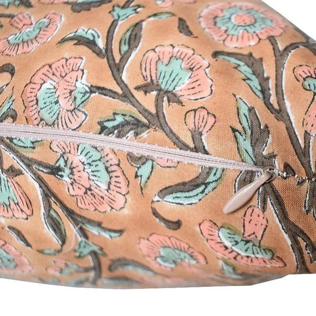 English Lee Radziwill Inspired Block Print Down Filled Flower Motif Pillow - India For Sale - Image 3 of 6